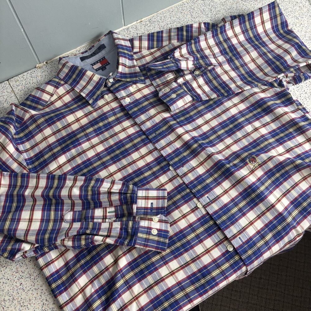 Vintage Y2K TOMMY HILFIGER Men’s Long Sleeve Plaid L Preppy Collar Top Shirt